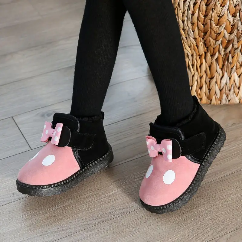 Disney Minnie Children Package Heel Cotton Shoes Girls Fashion Warm Snow Boots Kids Ankle Bow Colour Blocking Cotton Shoes