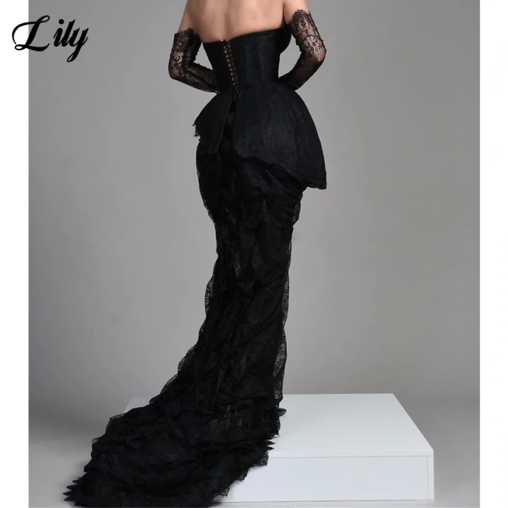 Lily Black Sexy Off-Shoulder Formal Dress for Woman Sweetheart Side Split Prom Gown with Back Strap Embroidery Lace Ball Gown