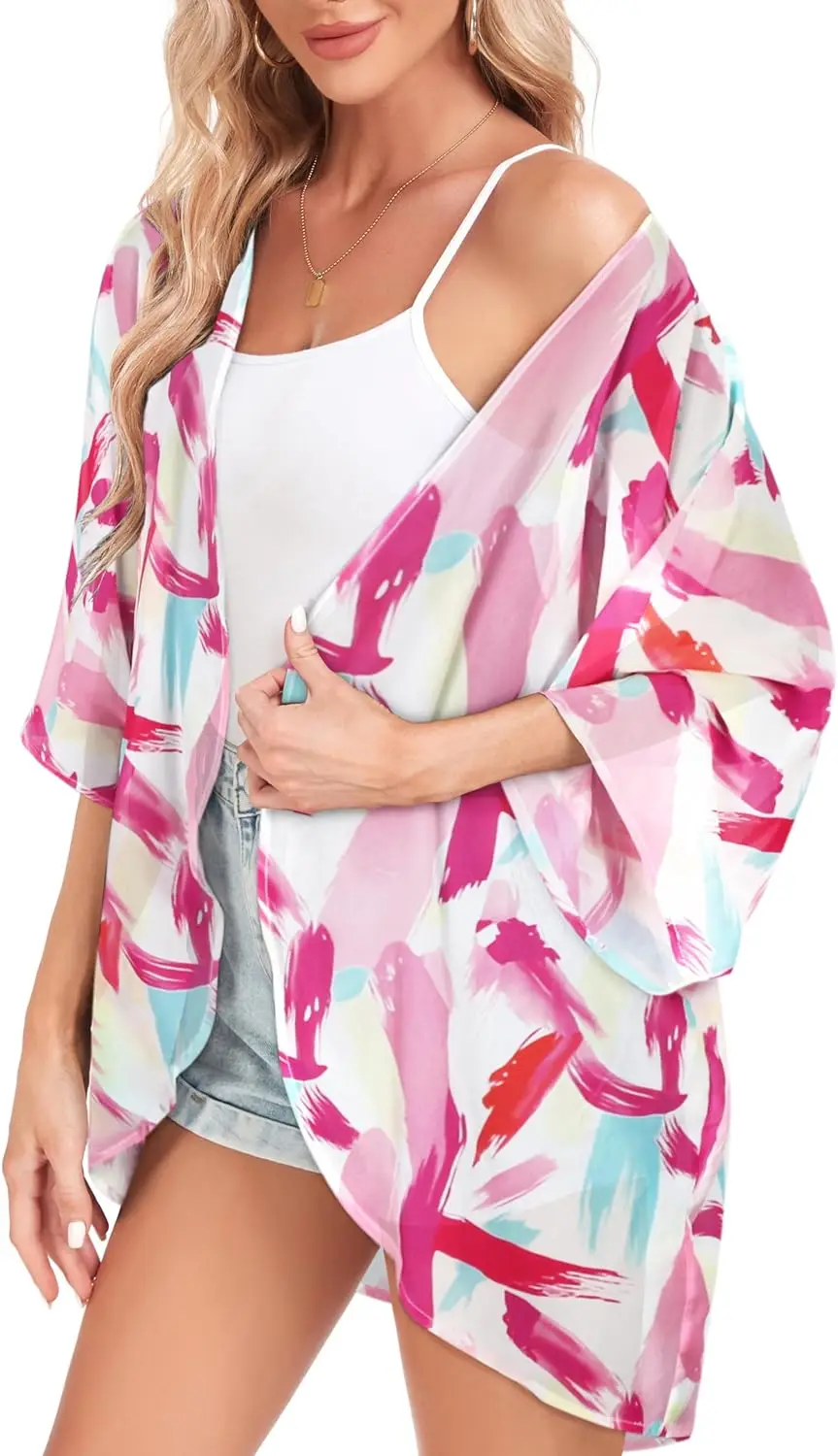 Women\'s Plus Size Floral Print Lightweight Chiffon Kimono Cardigan Short Sleeve Loose Beach Wear Cover Up Blouse Top Plus Size