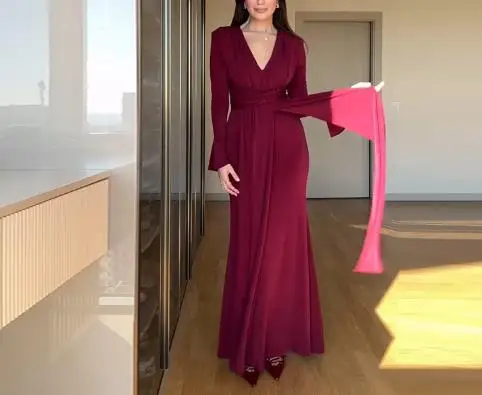

2025 Fashion High-End Slimming V-Neck Long Dress Waist Cinching Pleated Elegant Gown for Women
