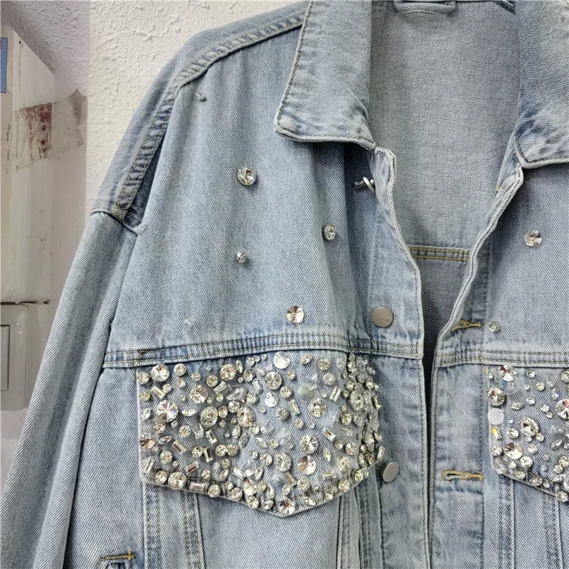 Heavy Work Diamonds Denim Jacket Women Loose Vintage Blue Short Cowboy Outerwear Spring Autumn Casual Jeans Jacket Coat Female - Image 3