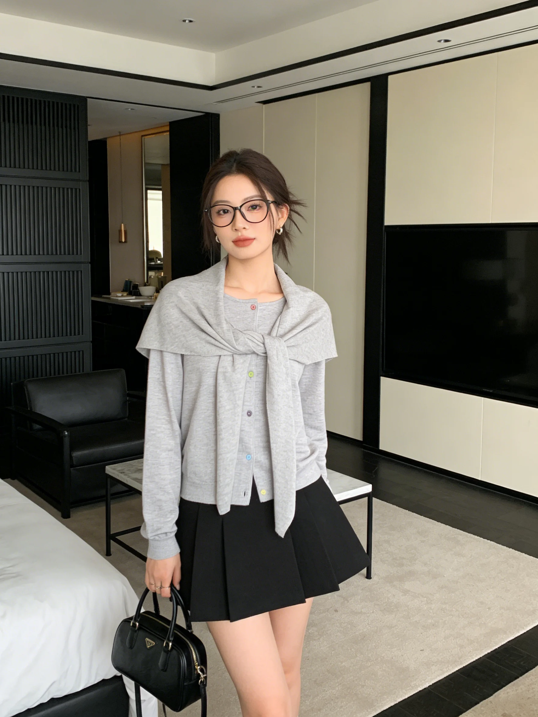 

Soft Skin-Friendly Detachable Knitted oulder Wrap Cardigan Light ey Spring 2026 Casual Sle Slimming Versatile Color Buc...