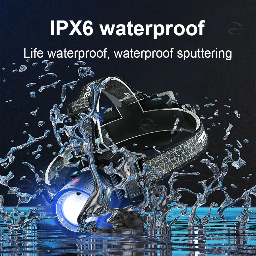 Super Long Shot LED Headlight Tactical Head Flashlight 4 Modes Powerful Headlamp Zoomable Type-C Waterproof Power Bank Function