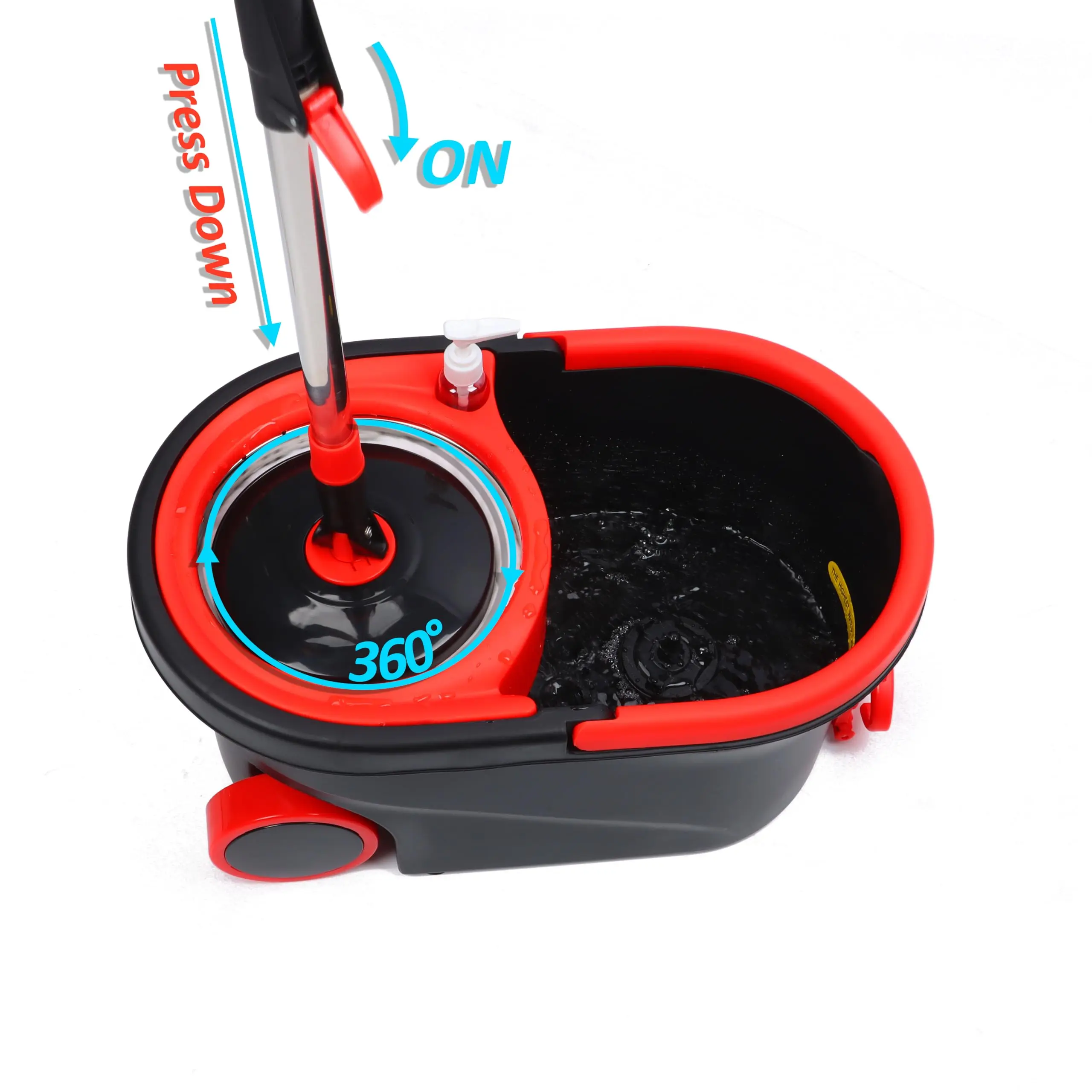 360 Spin Mop and Bucket System with Stainless Steel Wringing Basket Machine Washable 3 Microfiber Refill Heads Adjustable Telescopic Handle 38 to 61 Inch Wide Wheels Soap Dispenser for Hardwood Tile Laminate Marble Floor Cleaning PP Stainless Steel