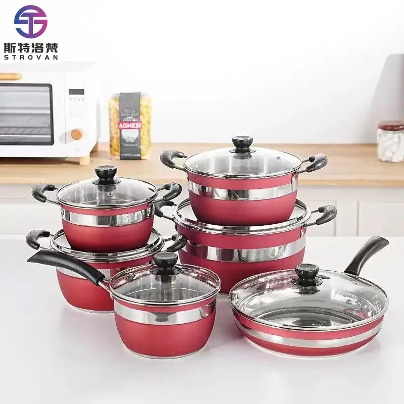 

High Quality Stainless Steel Sleeve Pot 12PCS Thickened Bottom Kitchen Frying Pan Soup Pot Milk Pot Combo Set