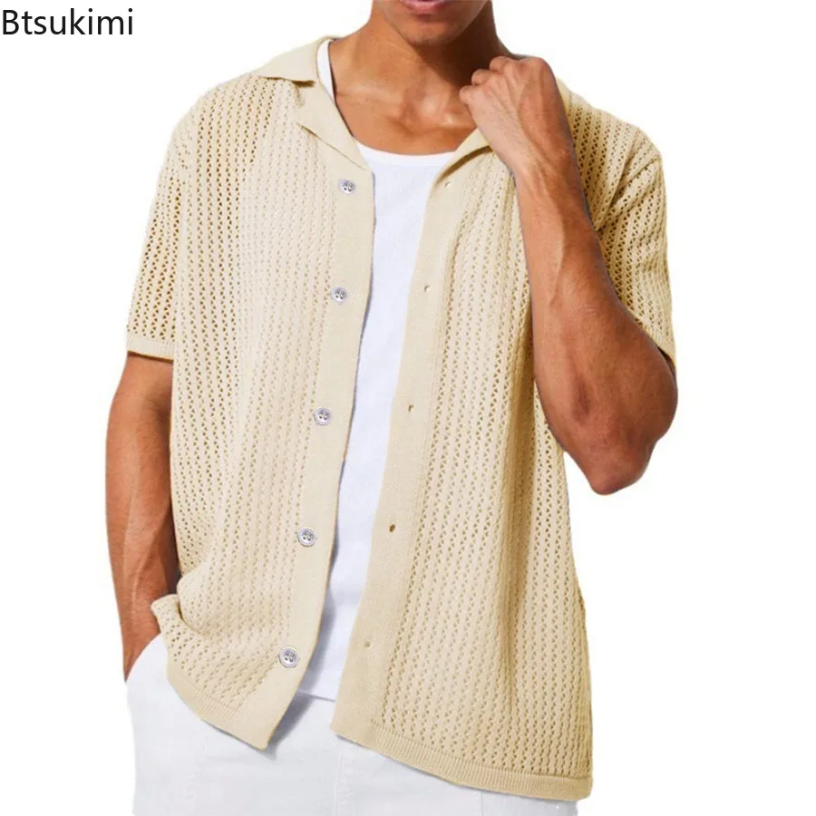 Fashion New Men's Knitted Short Sleeve Shirt Summer Cool Hollow Out Cardigan Casual Lapel Tops Solid All-match Knit T-shirt Male