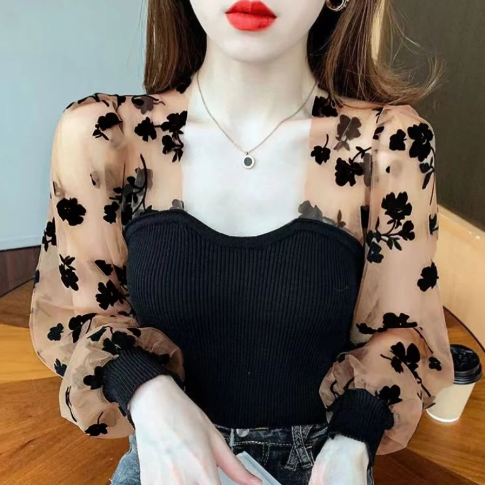 Elegant Top Women Square Neck Shirt&Blouses Long sleeve Dot Floral Lantern Sleeve Chiffon Patchwork Mesh Gauze Retro Office Lady