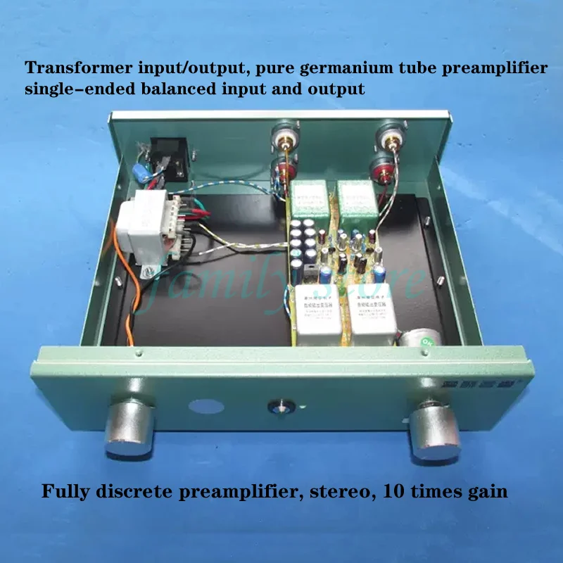 Stereo, pure germanium tube preamplifier, 10 times gain. Transformer input/output, single-ended balanced input and output