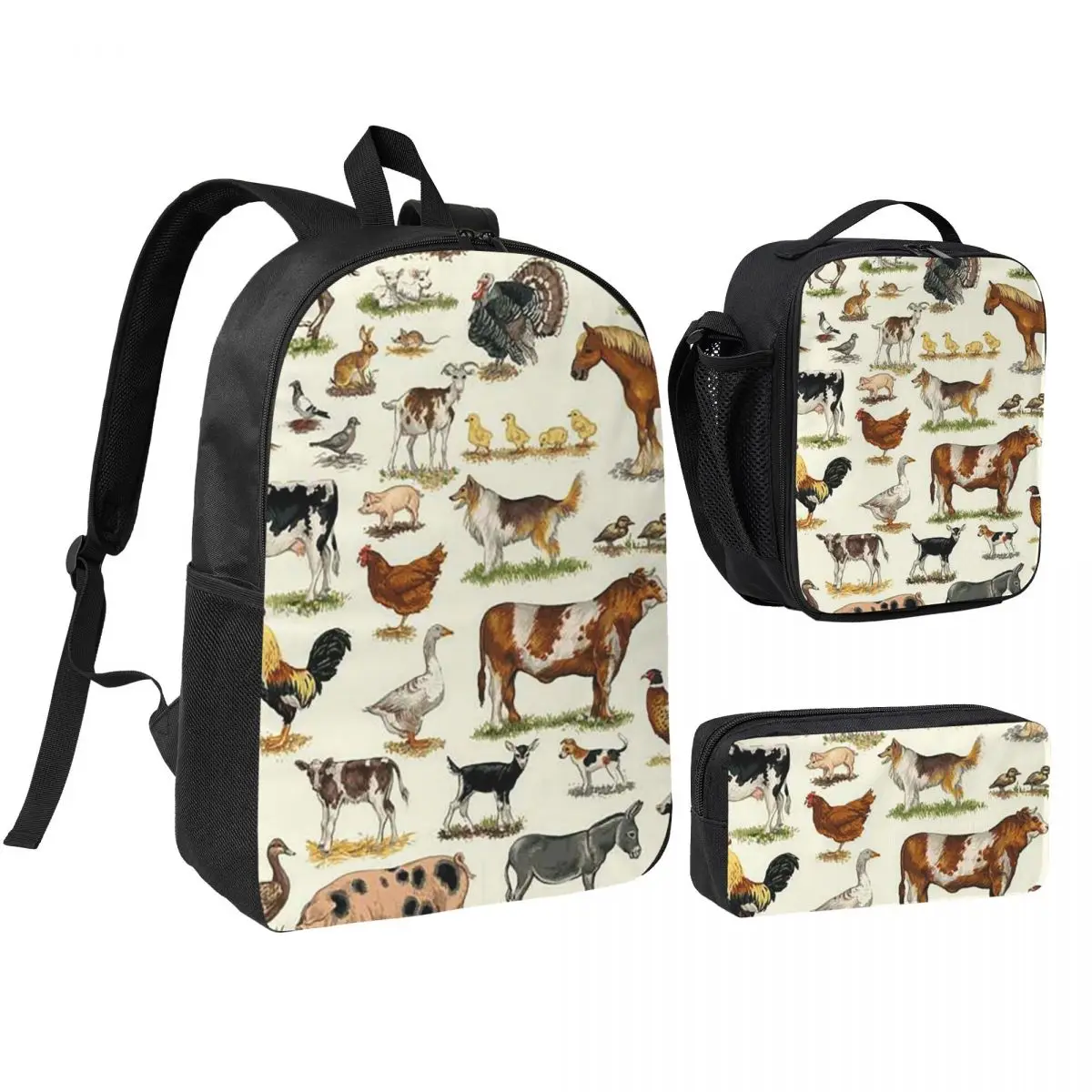 

Country Farm Animals Farmhouse Village Pet Backpack BookBag School Bag Laptop Shoulder Bags 3ps Insulated Lunch Bag Pencil Case