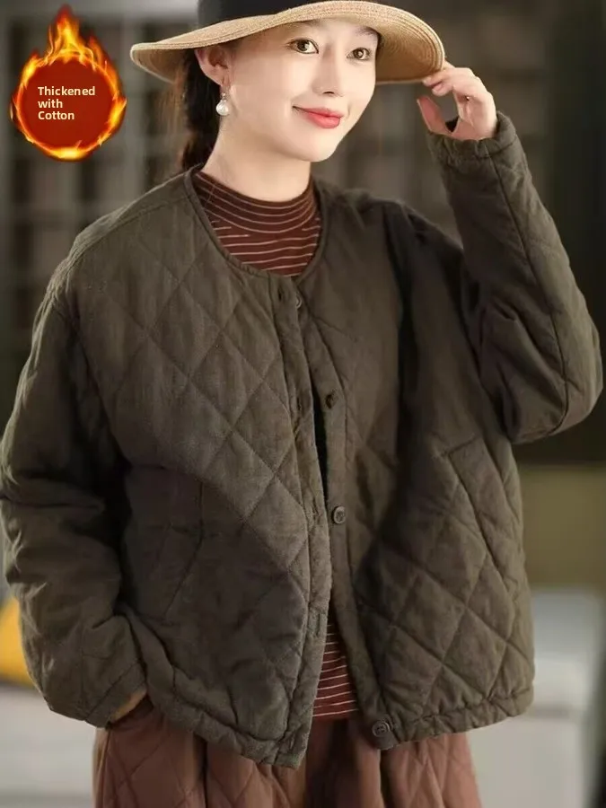 

Retro Lightweight Warm Cotton Jaet Women's Winter Faion Casual Versatile ort Outerwear Cotton Linen Cosite Material