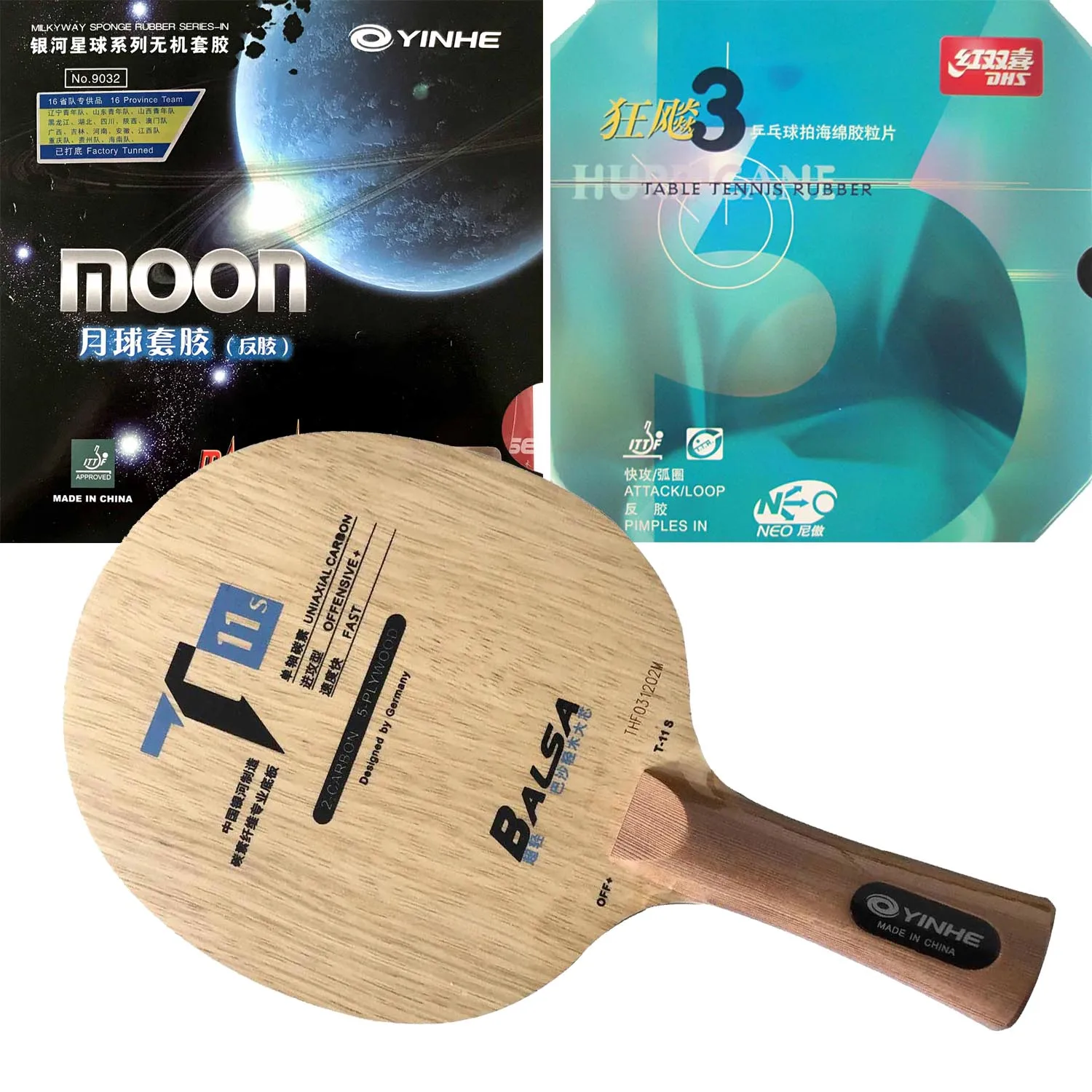 

Pro Table Tennis/ Combo Racket: Galaxy YINHE T-11+T-11S with Moon (Factory Tuned)/ DHS NEO Hurricane 3 Long Shakehand FL