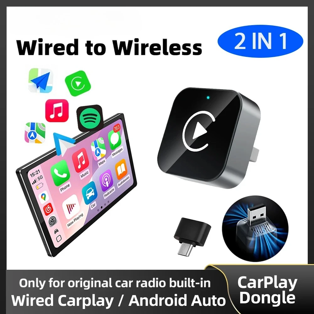 2-in-1 Mini-Wireless-Adapter für die Verbindung mit dem Auto, Plug-and-Play, wandelt kabelgebundene Verbindungen in kabellose um, kompatibel mit CarPlay und Android Auto, für serienmäßig