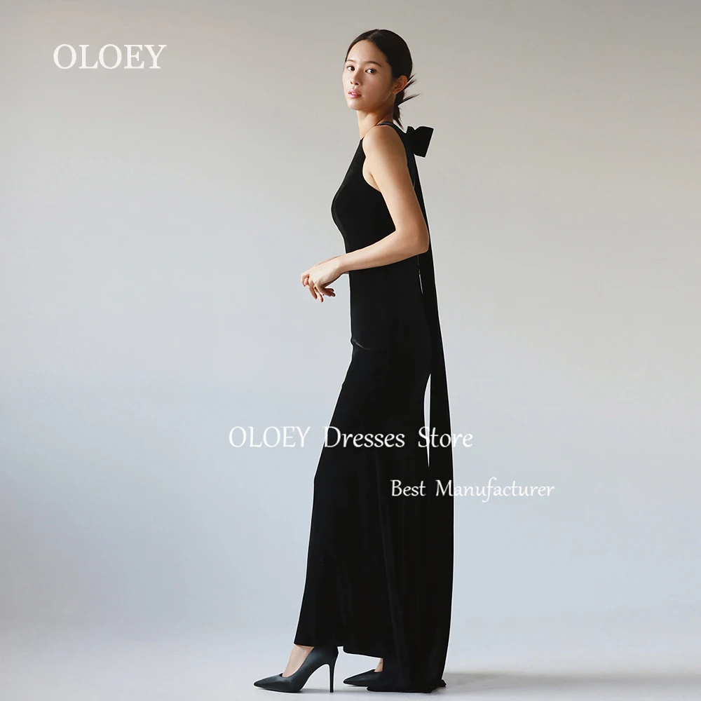 OLOEY Black Mermaid Long Prom Dress Korea Wedding Photoshoot O Neck Sleeveless Velour Party Dress Zipper Back Customized