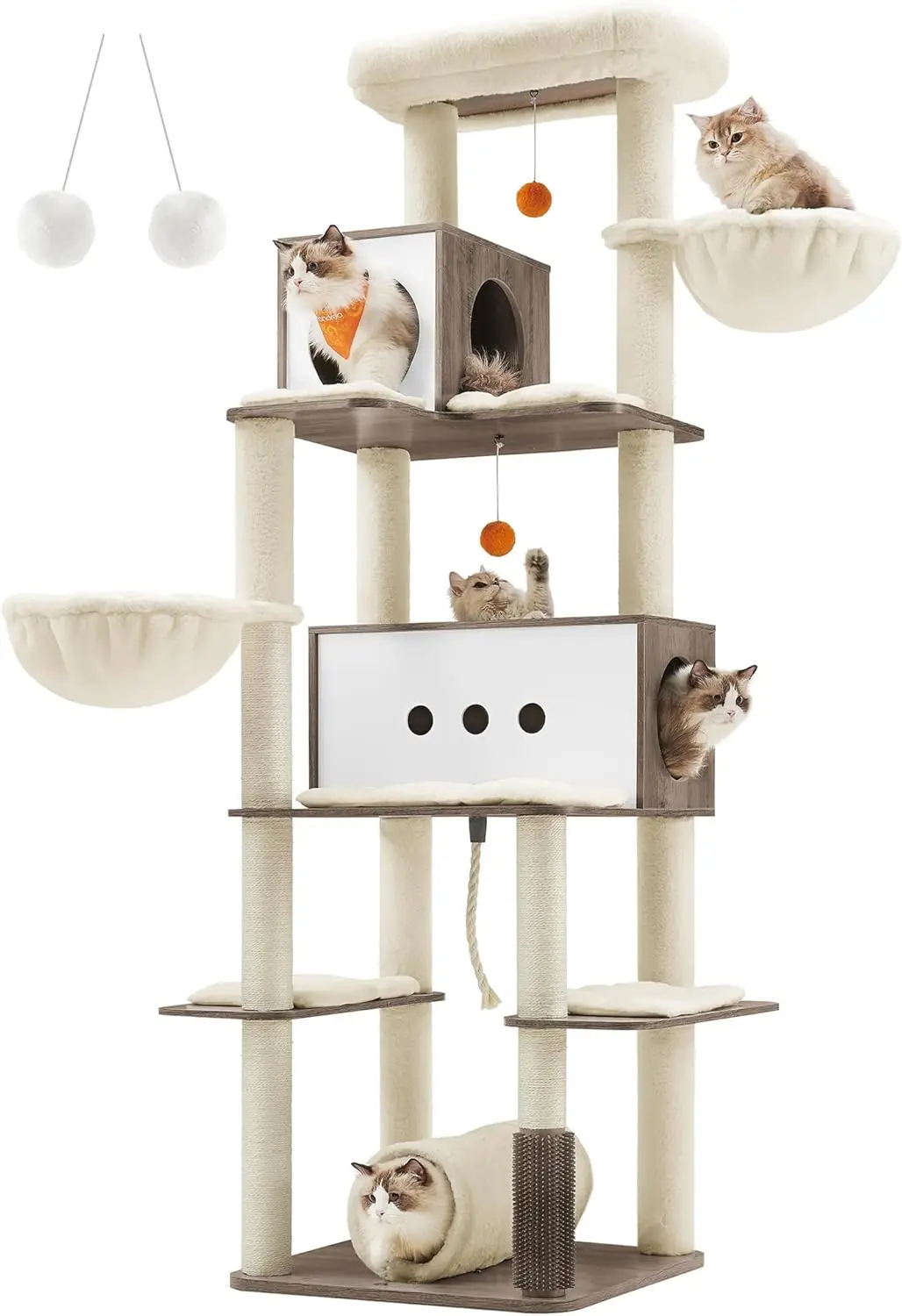 Cat Tree, 77.5-Inch Tall Modern Cat Tower for Large Indoor Cats, Multi-Level Cat Condo with 2 Caves, 2 Hammocks