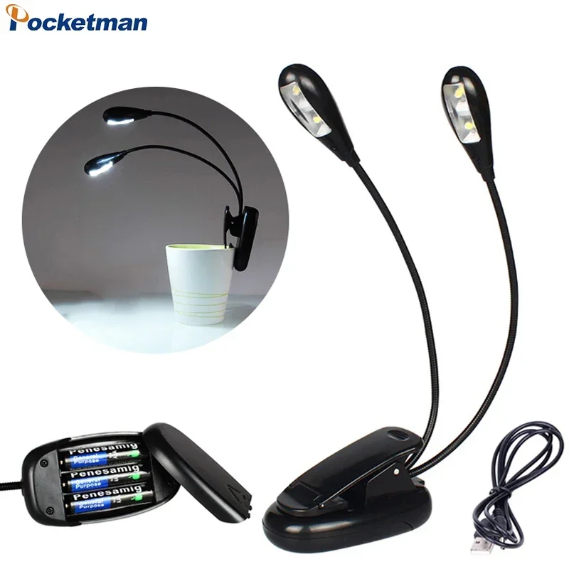 

Portable 4 LED Clip-on Night Light Adjustable Dimmable Reading Lamp 2 Dual Arms Flexible Book Music Stand Lights Book Light