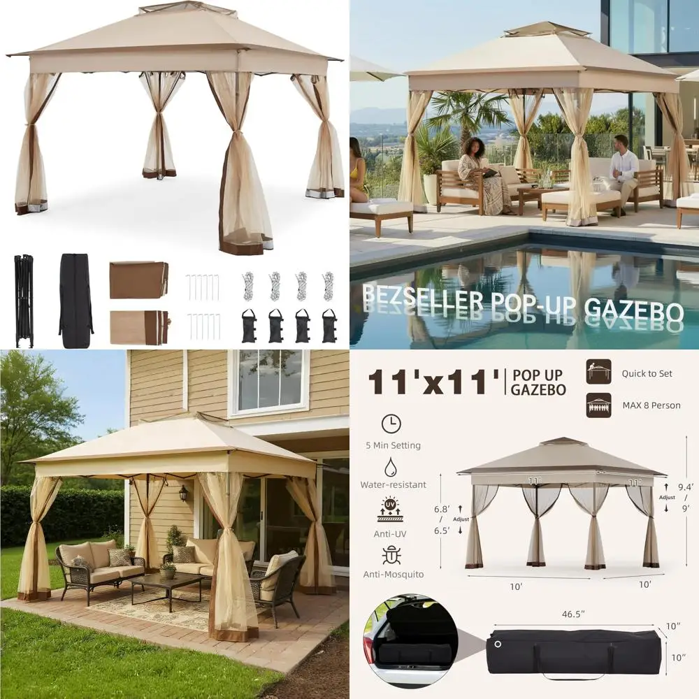 

Quick Setup 11x11 Pop Up Gazebo Tent with Mosquito Netting - Water-Resistant Outdoor Canopy for Patio, Garden, Backyard Use