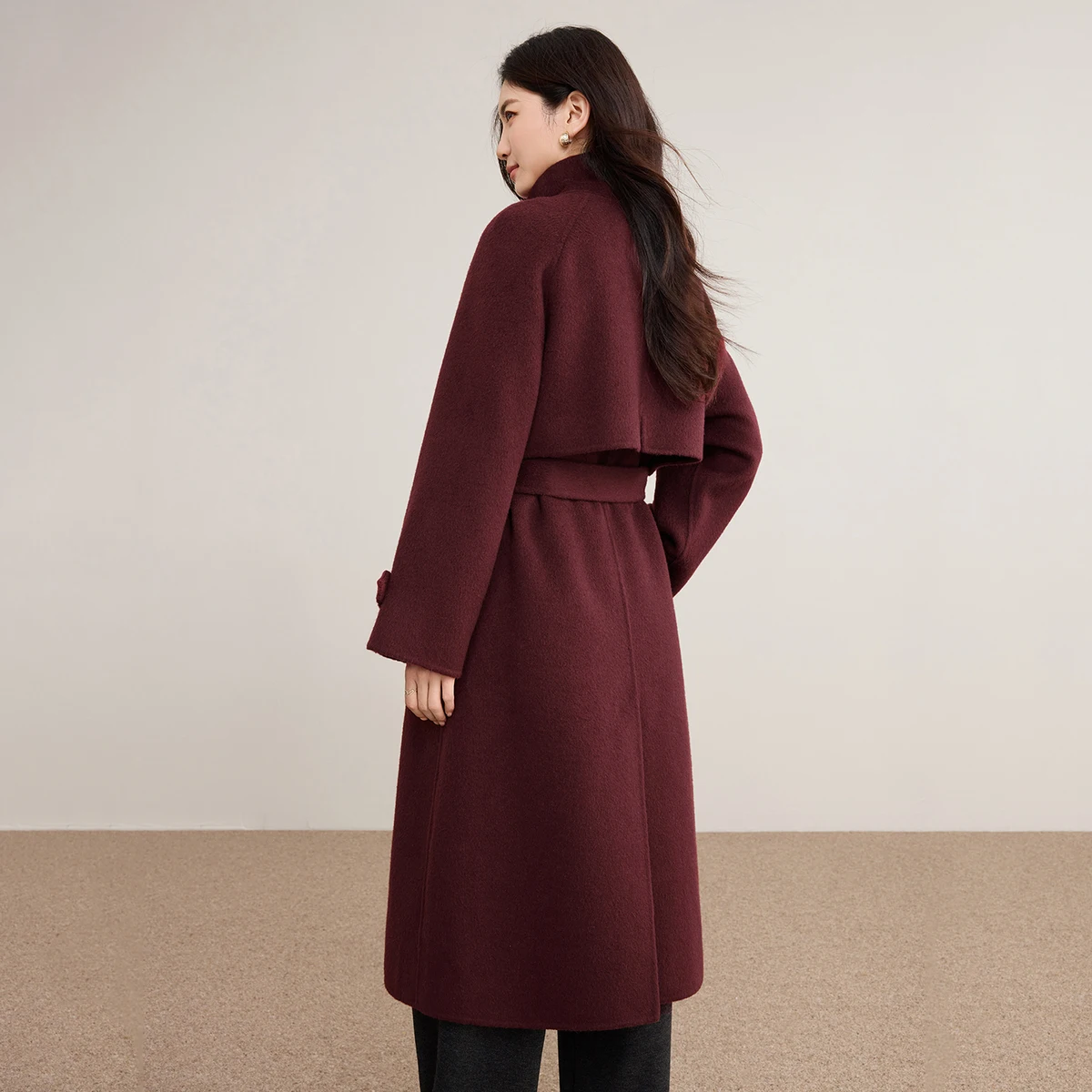 SENTUBILA Women Double‑Faced 100% Wool Long Coat Loose Belted Stand Collar Warm Outerwear Elegant Commuter Overcoat W54OG8766