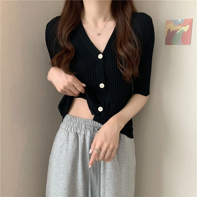 Summer Knitted Cardigans Women Korean Fashion Basics Multicolor Ice Silk Thin Short Sleeve Cardigan Crop Tops