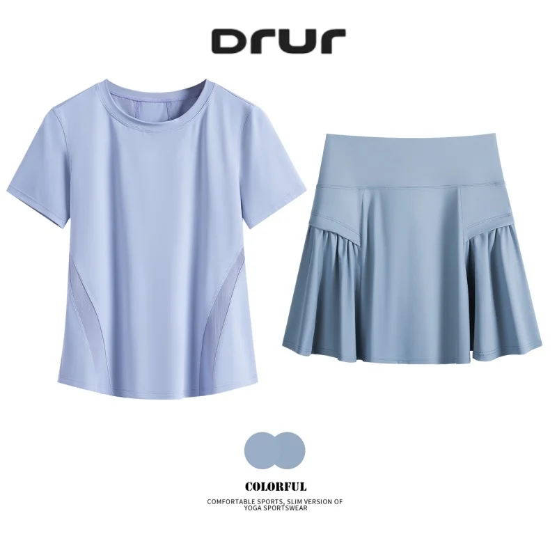 

DRUR Womens Summer 2 Piece Tennis Skirt Set Short Sleeve Loose Sport Top Matching Athletic Skort Outfit for Travel Workout Suit