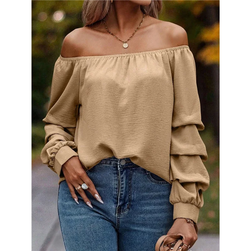 AOAO-여성 오프 숄더 탑 프릴 긴 소매 쉬폰 블라우스 캐주얼 루즈 셔츠