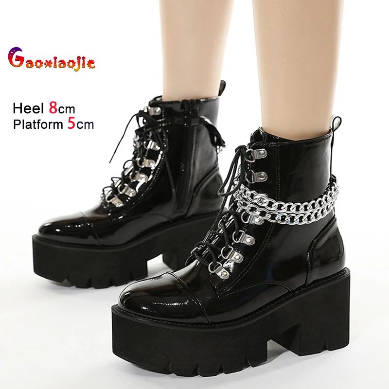 

Дизайнерские новые женские повседневные ботинки из глянцевой кожи, короткие ботинки на платформе и массивном каблуке 8 см, стильная обувь в стиле панк для девочек, большие размеры