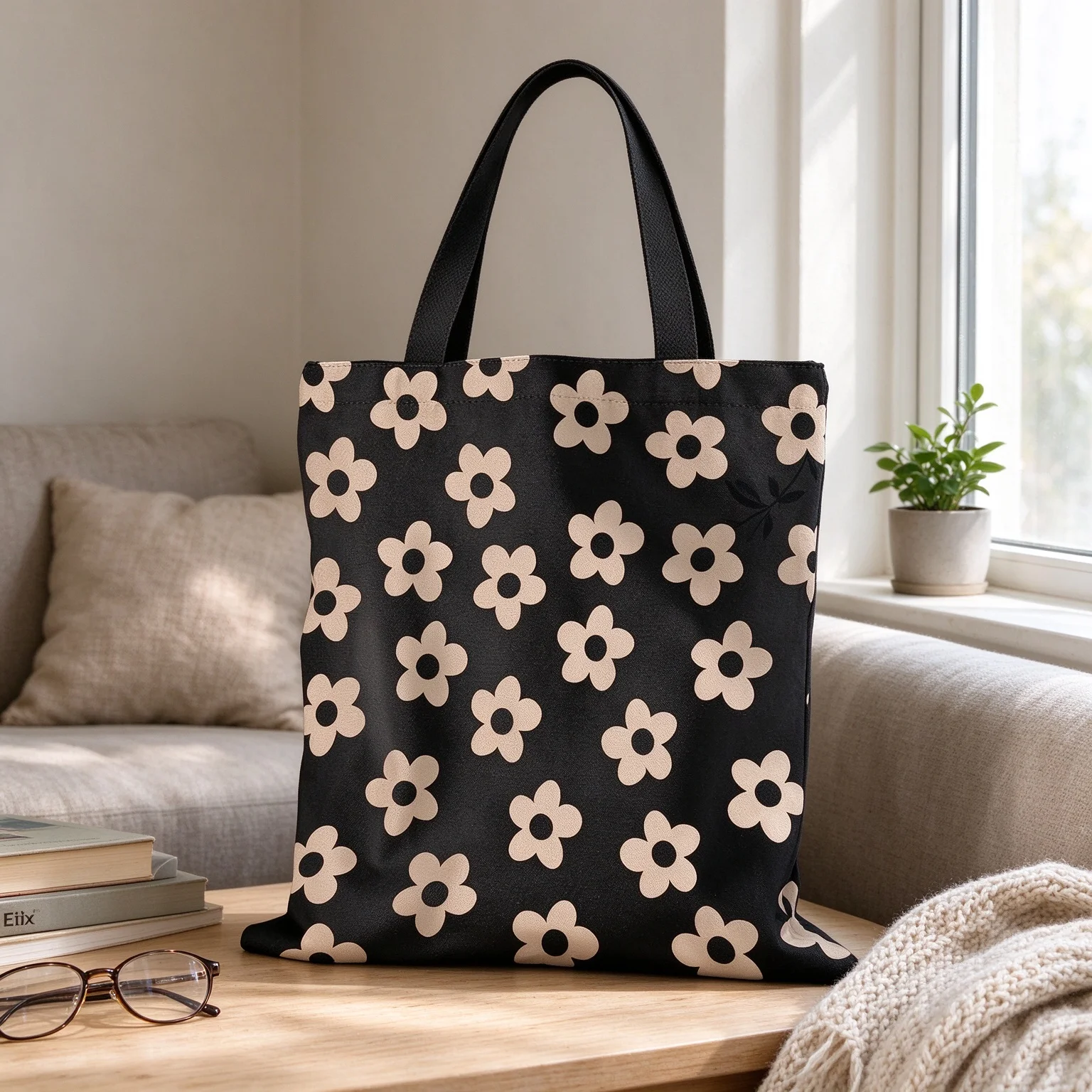 Black Canvas Tote Bag, Beige Daisy Floral Print Shoulder Bag, Minimalist Flower Pattern, Aesthetic Reusable Bag, Gift for Her
