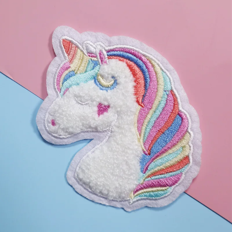 4PCS Rainbow Unicorn Towel Embroidered For Clothes Patch Clothing Accessories Chenille Badges Cartoon Felt Sew Embroidered Patch