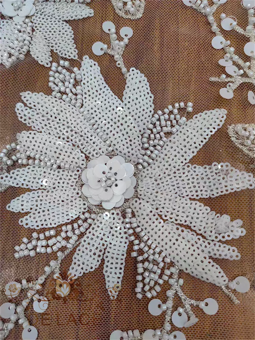 Изысканные цветы с блестками, кружевная тяжелая ткань из бисера, кружевная ткань с цветочным узором для свадебного платья