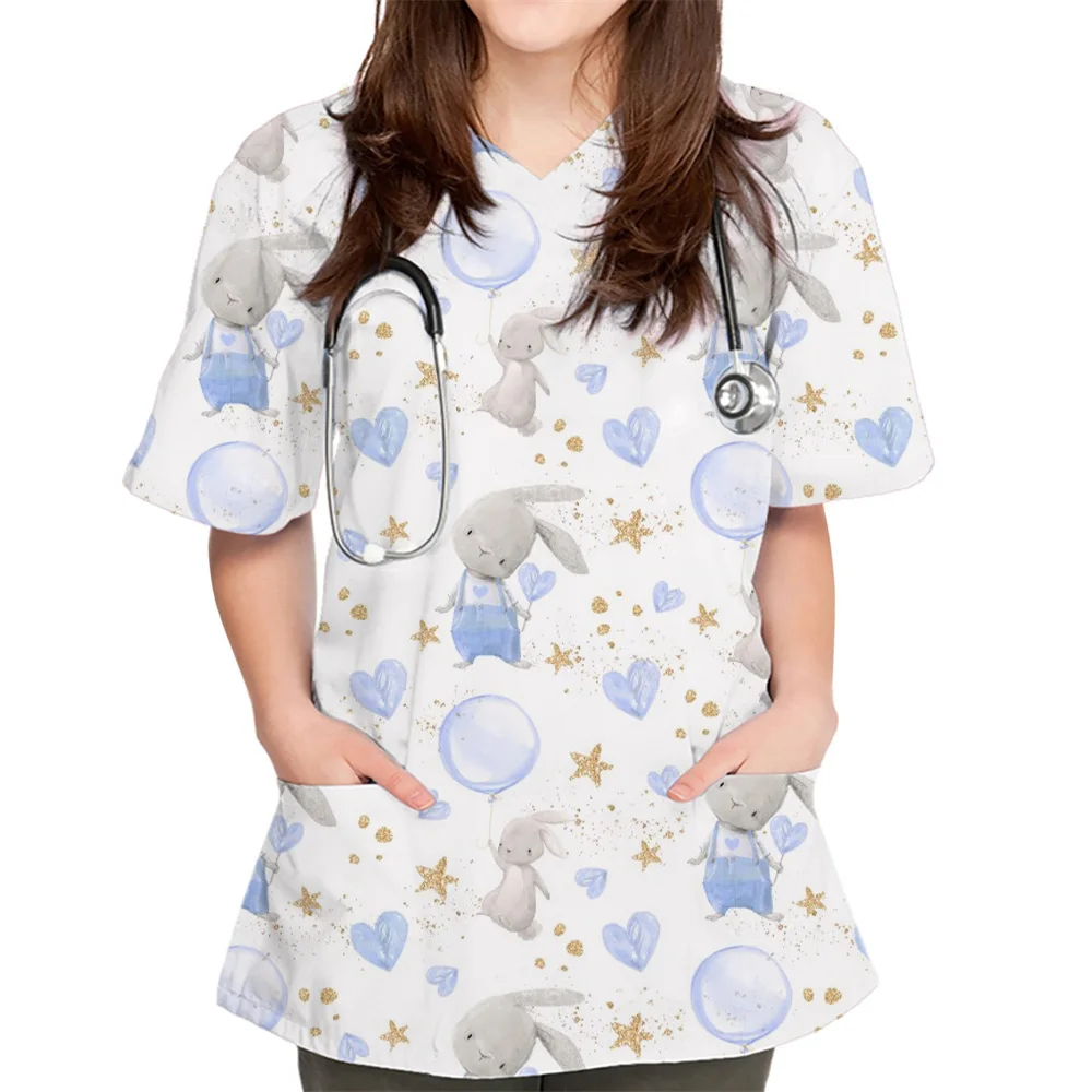 Carer Top Cute Bunny Graphic Print V-neck Short Sleeve Women With Pockets Nursing Uniform Nurse Shirt Working Medical Uniforms