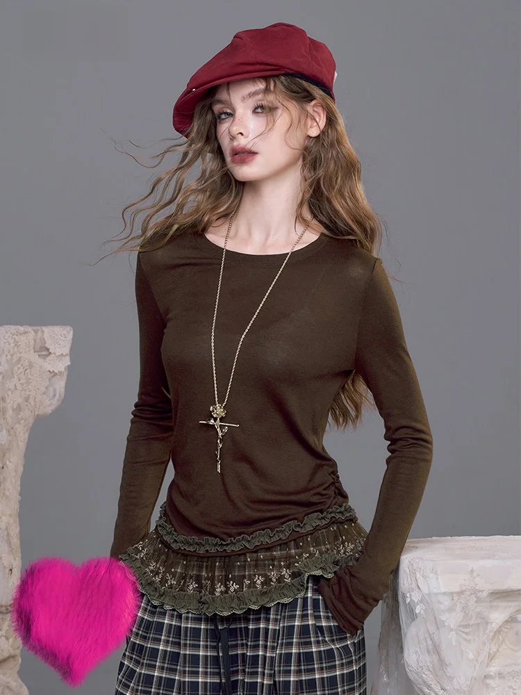 

Женская футболка Long Sve Elfsa с кружевом Prequel в стиле пэчворк, повседневный круглый осенний топ Ne Thiened Stand Fit