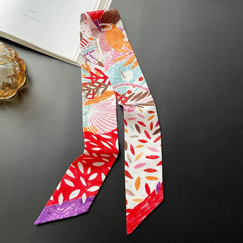 Fashion Skinny Silk Scarf for Women Floral Hair Ribbons Headbands Bandana Female Bag Wrist Wrap Neckerchief Foulard Neck Ties