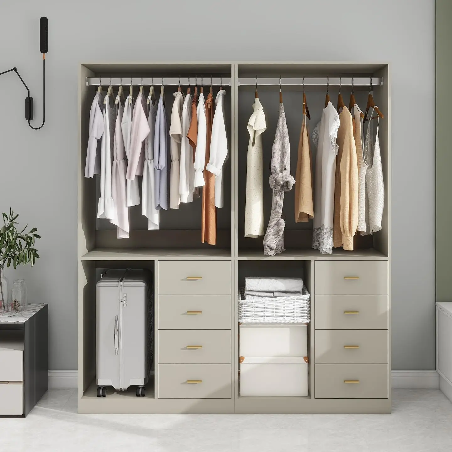 Wooden Grey Closet System: Walk in Built-in Closet Organizer  Storage Modern Closet Kit Wood Organizer System