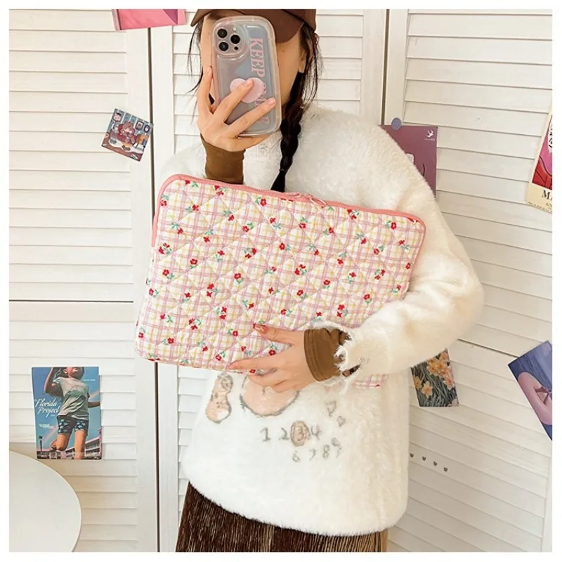 Cotton Diamond Lattice Computer IPAD Buffer Protection Bags Flowers Zipper Simple Clutch Bag 2024 Hot Sale Storage Bag for Women