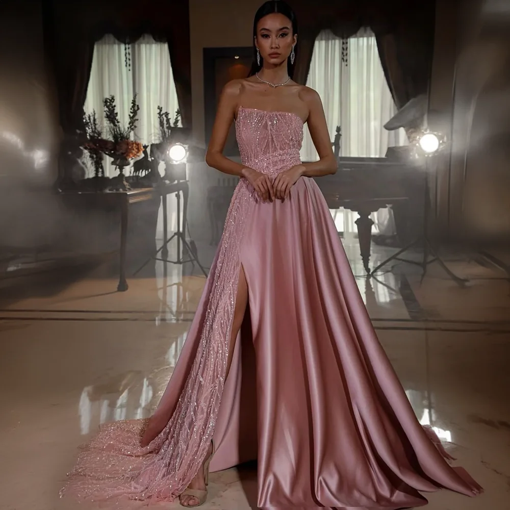 

Charming Off the Shoulder Satin Evening Dress with Sequins Shiny A-line Side Slit Court Backless Prom Gown vestidos de festa