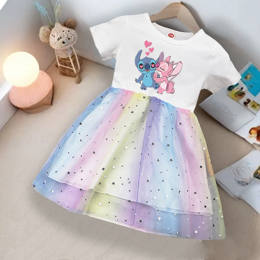 

2025 New Girls Dress Summer Kids Clothes Children Princess Baby Stitch Fashion Stich Short Sleeve Party Dresses Rainbow 2-8Y