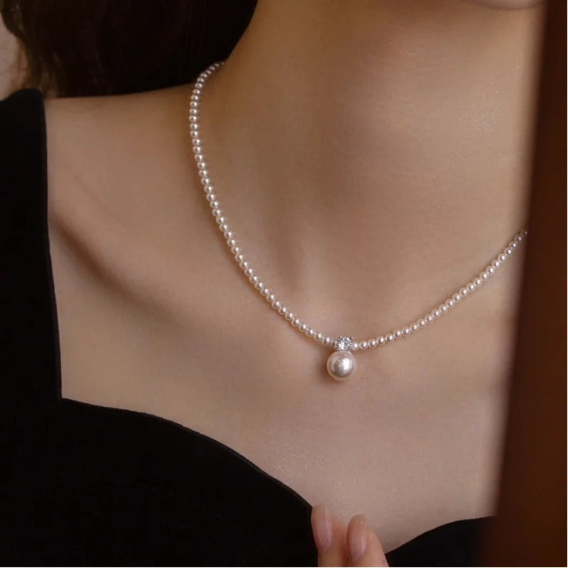 s925Sterling Silver Shijia Pearl Necklace Women's Light Luxury High-Grade Perfect Circle Diana Pendant Clavicle Chain Elegant Je