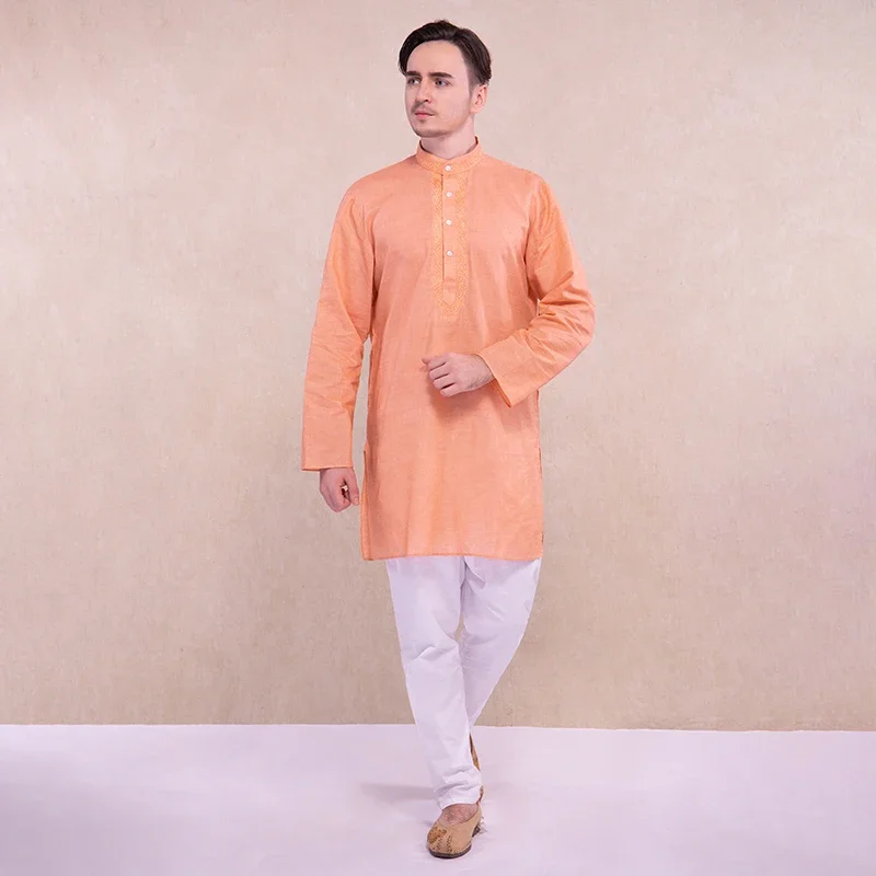 India imported traditional men's suit ethnic style pure cotton breathable clothing light orange medium