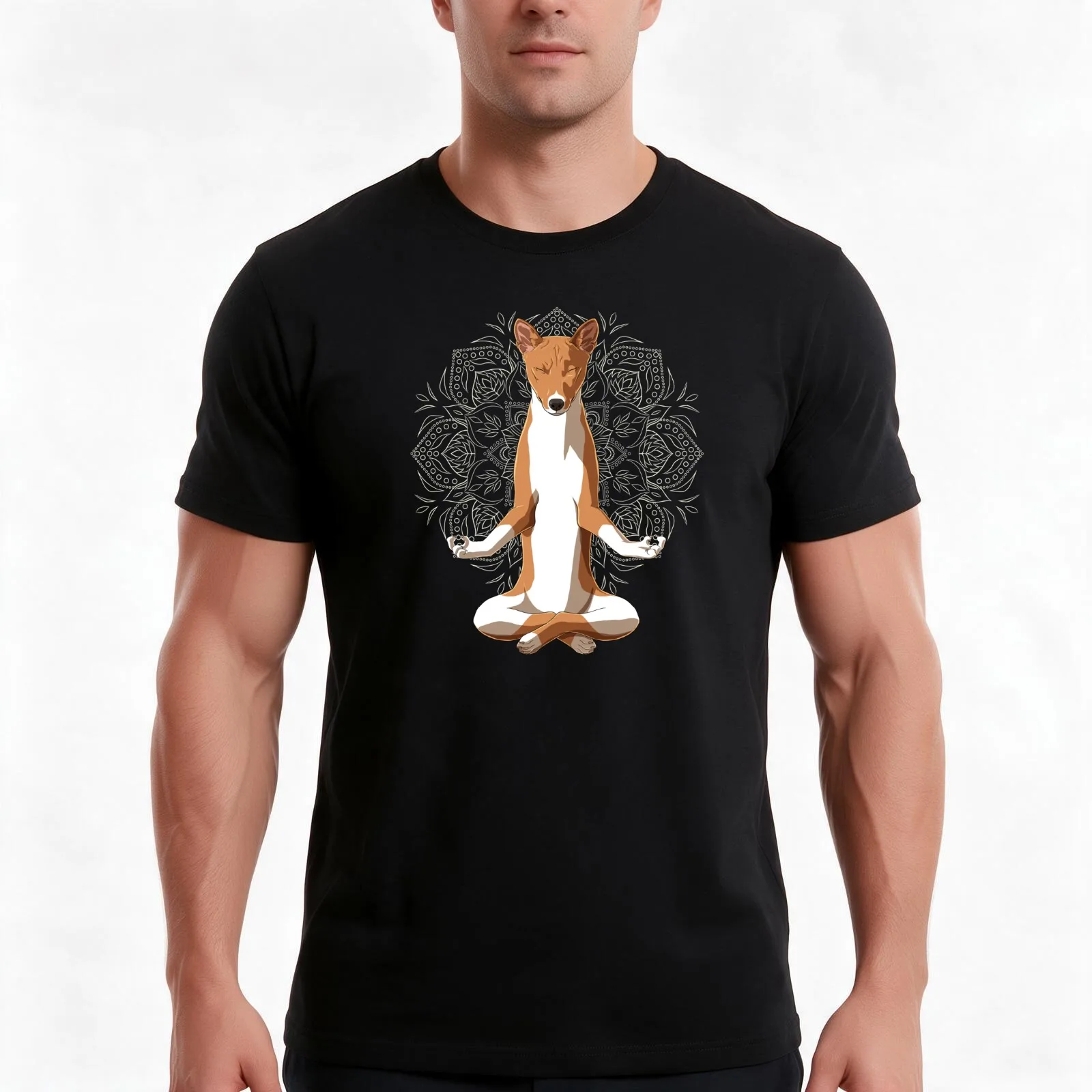 Basenji Dog meditate T-Shirt, Summer Casual Cotton Tee, Oversized Streetwear Tops, Vintage Graphic Print, Loose Fit Short Sleeve