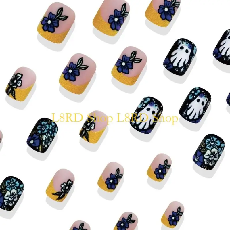 L8RD 24PCS Reusable Press On Halloween Theme Featuring Spooky Cobweb Skull Patterns And Comfortable ABS