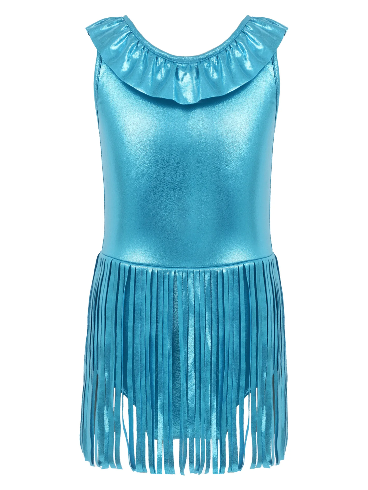 #4-14 Kids Girls One Pieces Metallic Gloss Swimsuit Ruffled Neckline Sleeveless Fringed Bathing Suit for Swimming Beach Holiday