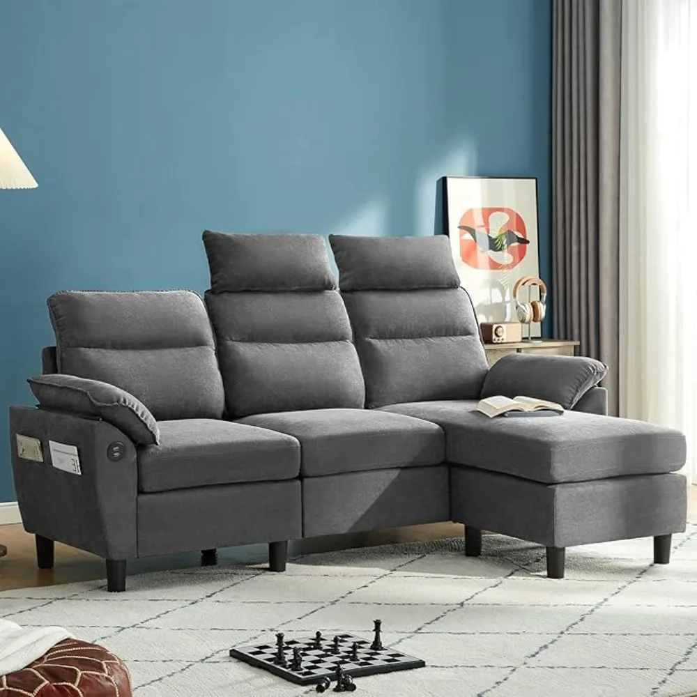 

Convertible Sectional Couch, 3 Seat L Shaped Sofa with 2 USB Ports and Storage Bags, Small Sectional Sofa Set for Living Room