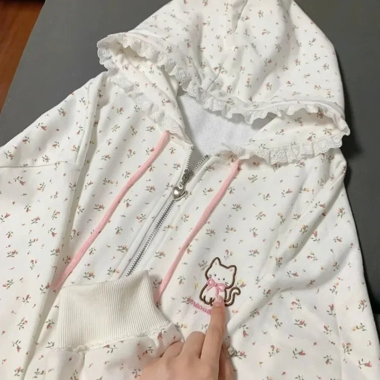 

Толстовка с капюшоном и цветочной вышивкой Sweet Cute Cat, новинка 2025, свободный кардиган, пальто для женщин Y2k E-Girl, топы на молнии с длинными рукавами Mujer