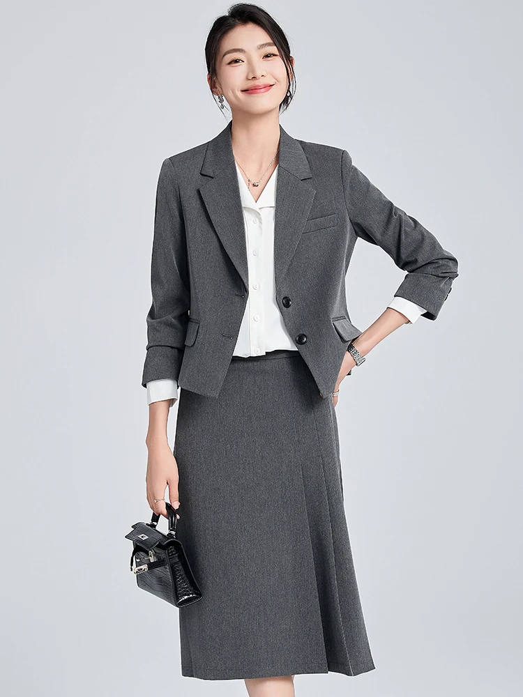 Gray Suit Jacket Women Spring Autumn New Professional Clothes College Students Interview Formal Commute West Set Skirt