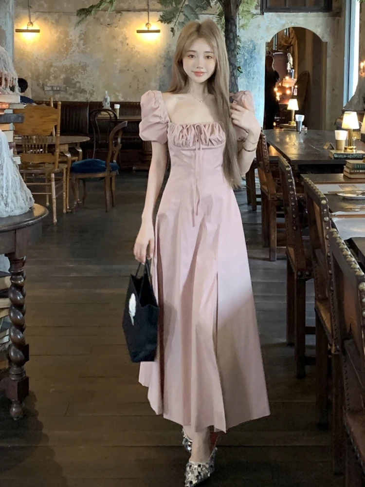 

Retro Girl Tea Break Sle Square Collar Bow Tie Bubble Sve Dr Pure Desire Waist Cinching Split a Line Skirt Dr