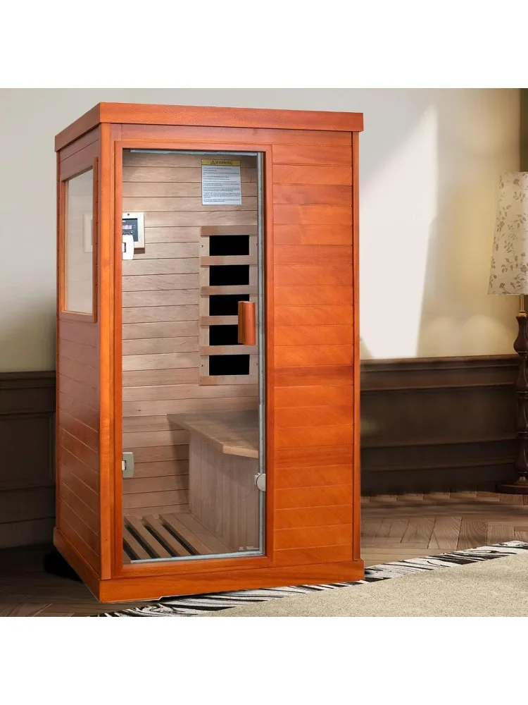 Far Infrared Sauna, 1 Person Infrared Sauna Indoor Low EMF Sauna with Control Panel, Bluetooth Speakers and Tempered Glass Door