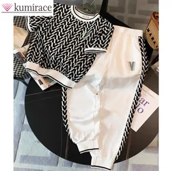 Fashion Suit Women's Summer New Item, High-end Feeling, Age Reducing Short Sleeved Casual Leg Tied Pants Two-piece Set Pant Sets