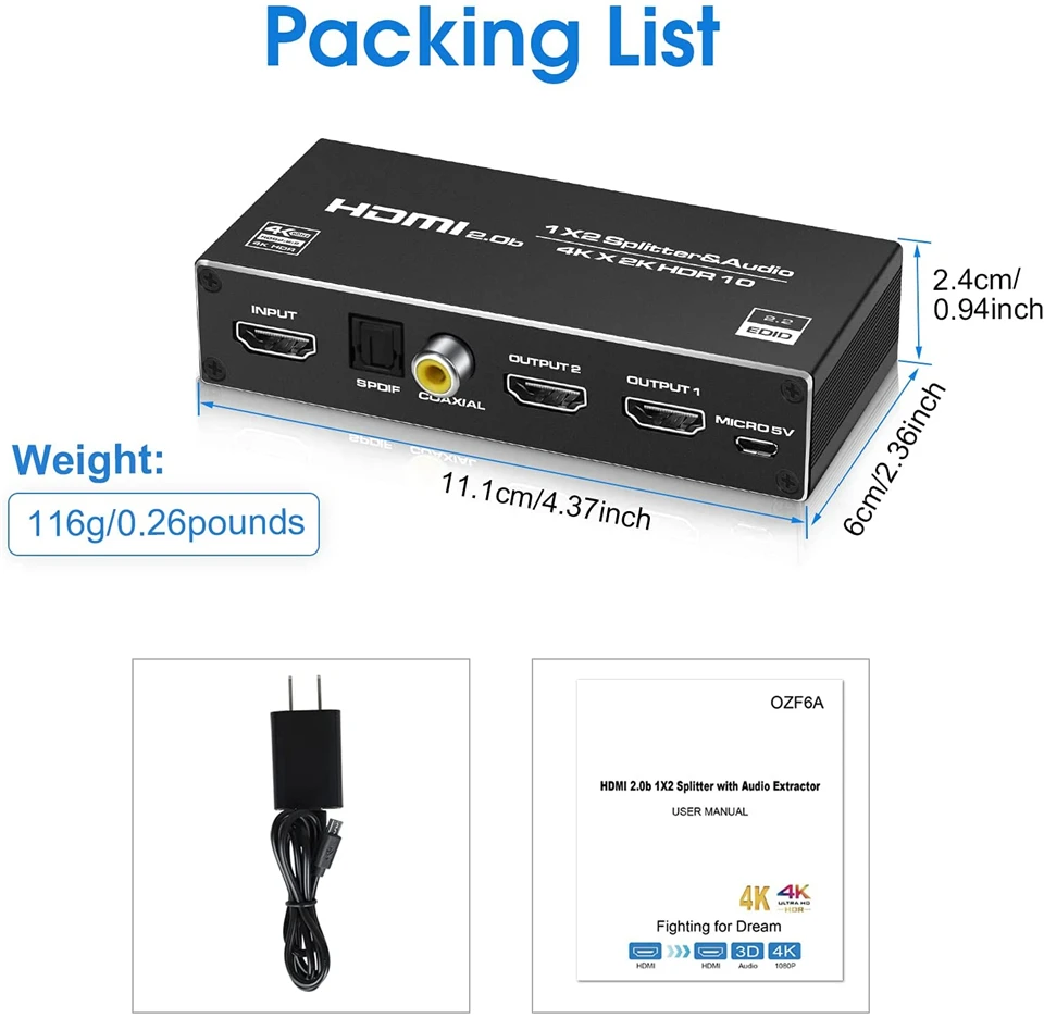 Navceker HDMI Splitter 1X2 4K HDMI Splitter เครื่องแยกสัญญาณเสียง1ใน2พอร์ตออก HDMI ที่แยกสายไฟ HDMI Amplifier สำหรับ PS4 PS5 Xbox