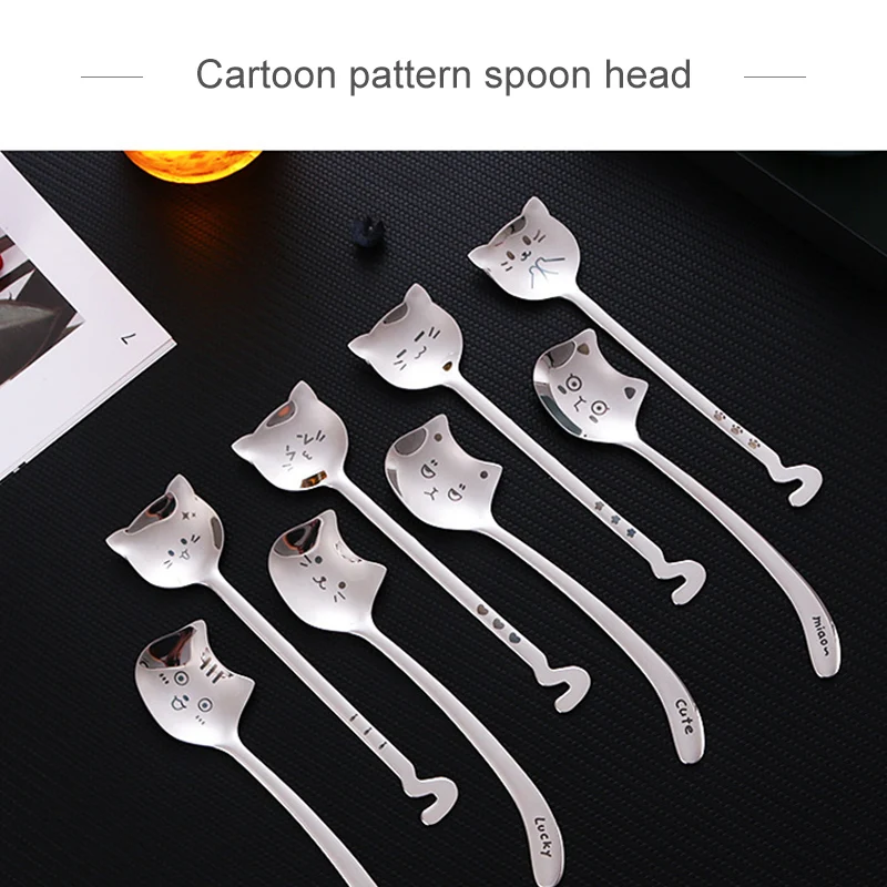 4PCS  Tea-Spoon For Coffee Long tail cat Coffee spoon Long Handle Spoon 304 Stainless Steel Tableware Birthday Gift