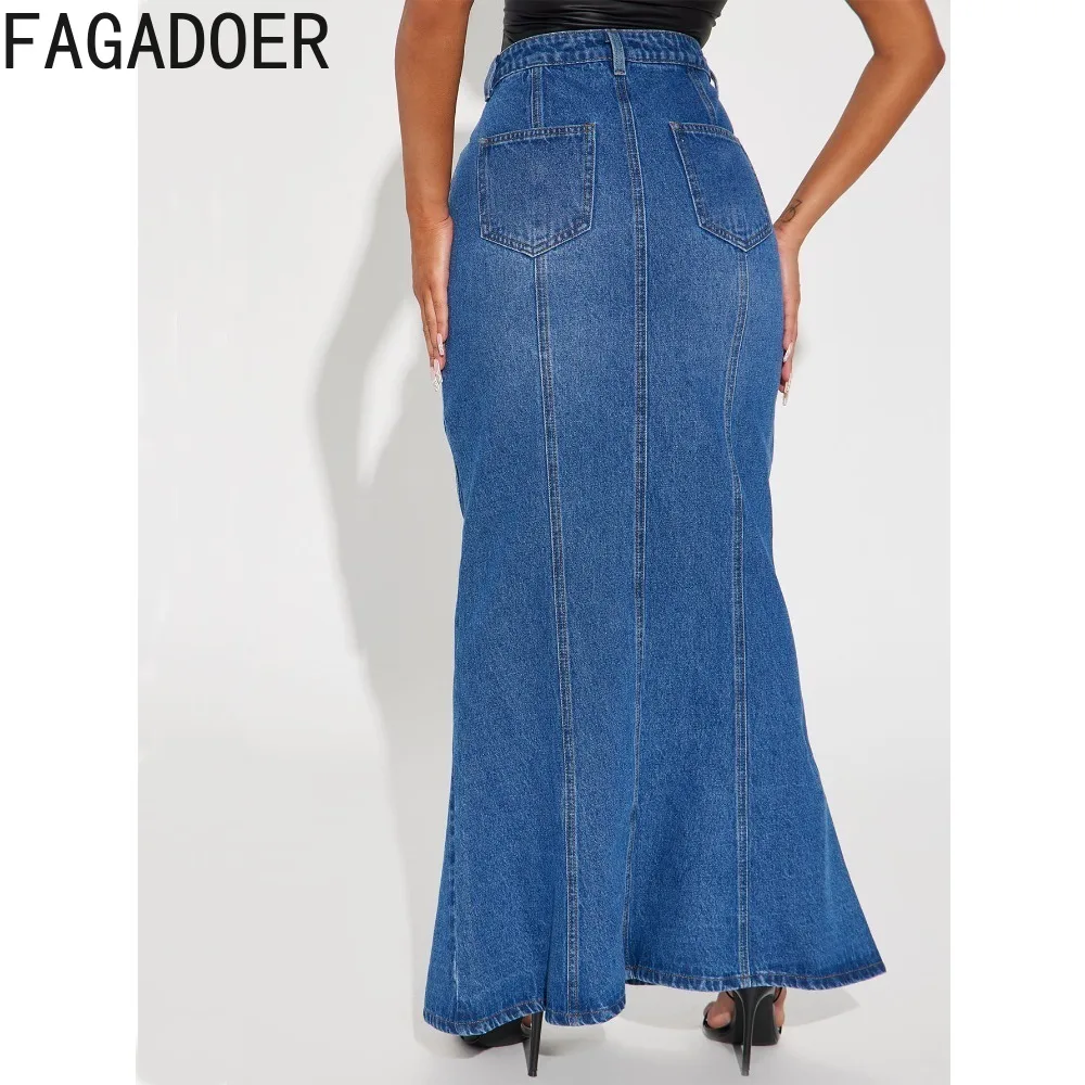 Imagem -02 - Fagadoer-saias Jeans para Mulheres Retro Azul Moda Magro Sereia Cintura Alta Botão Bolso Calças de Cowboy