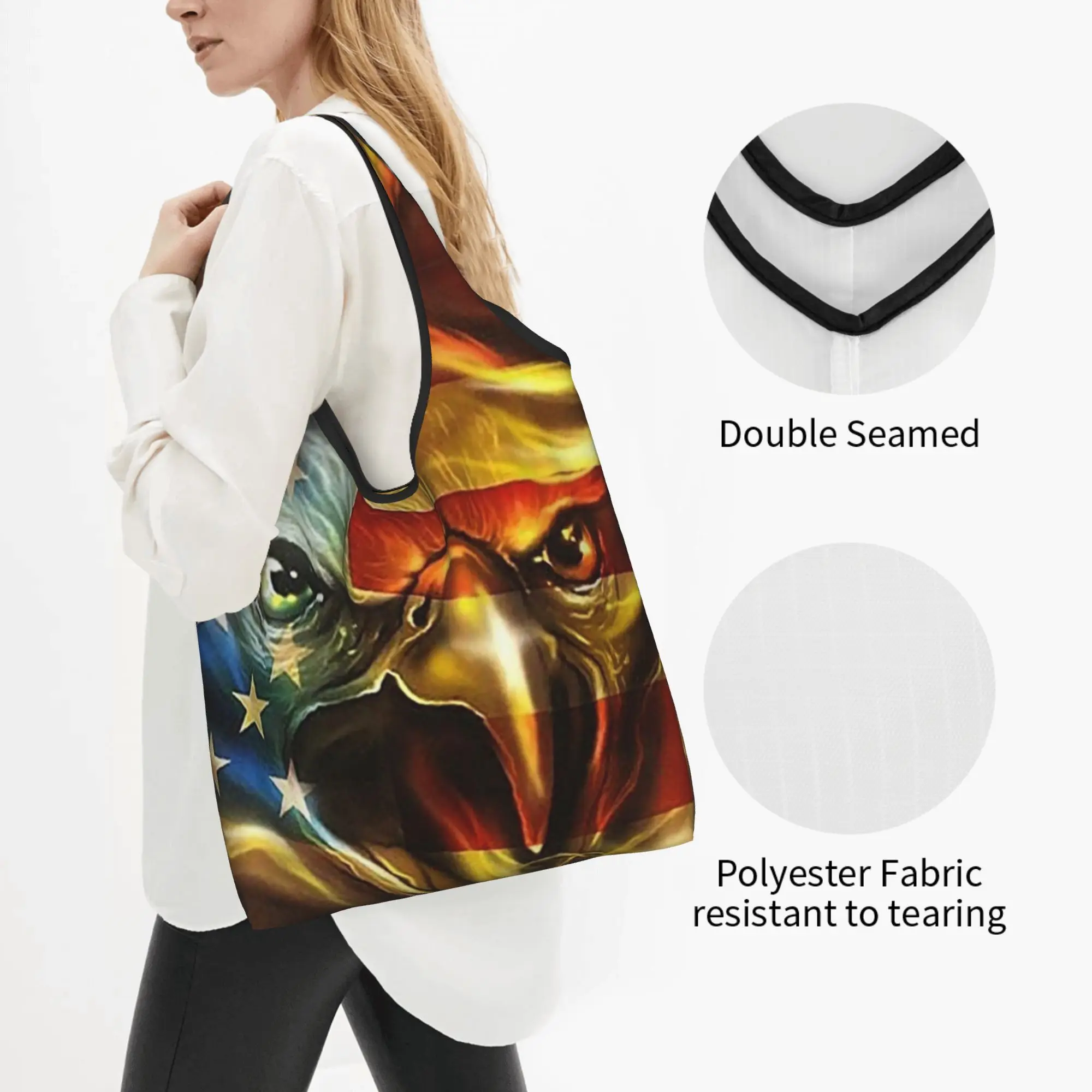 American Flag Eagle Grocery Shopping Bags Kawaii Shopper Shoulder Tote Bags Big Capacity Portable Patriotic Handbag